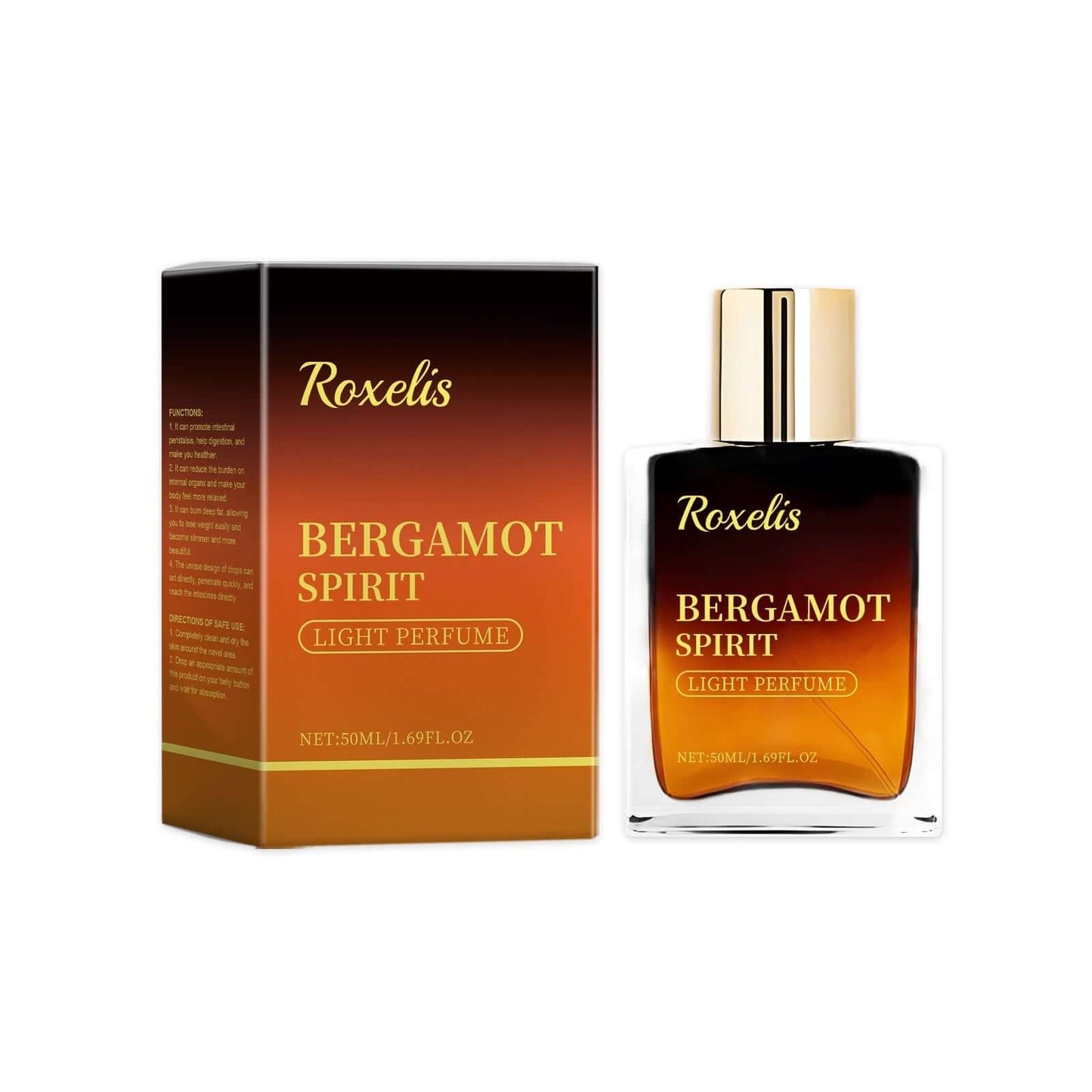 Roxel's Bergamot Spirit light perfume in elegant packaging, 50ml bottle with citrus scent notes and warm accents.