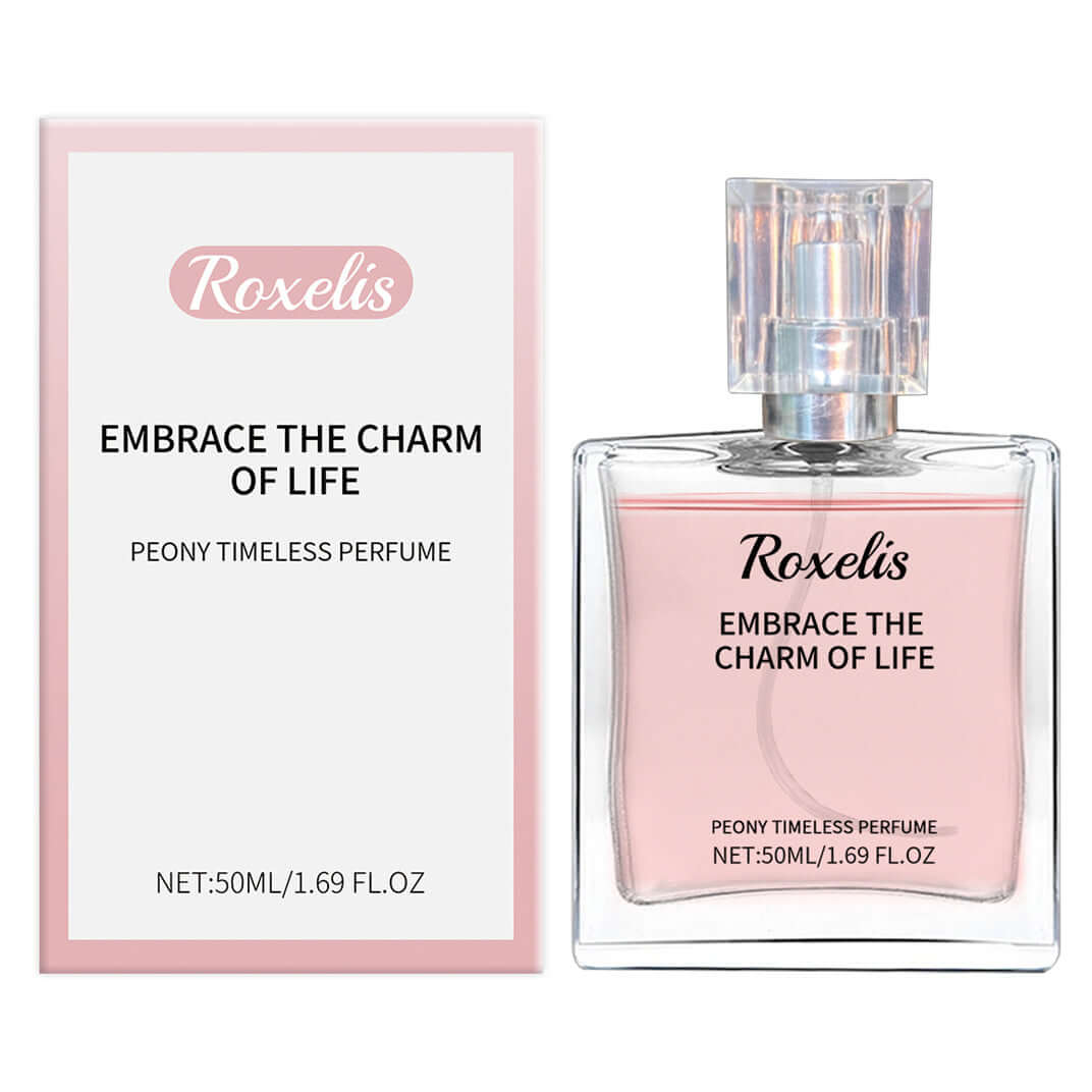 Eternal Perfume by Roxelis, featuring peony, lavender, and patchouli in elegant packaging.