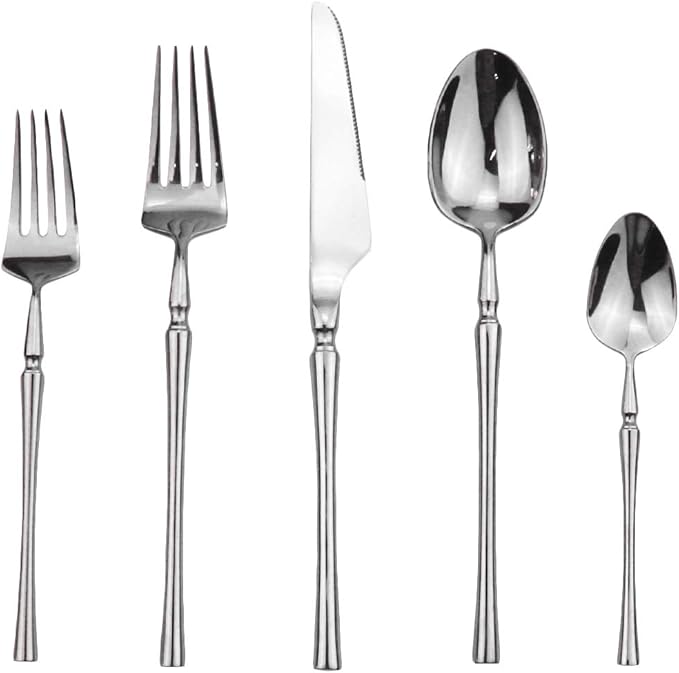 Silver Silverware Set, 5-Piece 18/10 Stainless Steel Flatware Cutlery Set for 1,Mirror Finish, Ideal for Wedding Festival Party Home Kitchen, Dishwasher Safe
