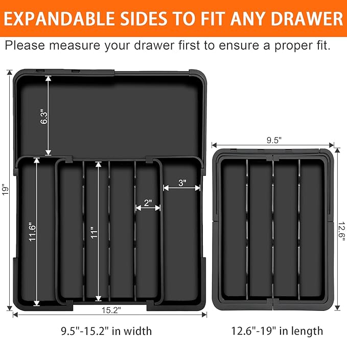 Silverware Organizer Expandable Utensil Drawer Organizer Adjustable Silverware Drawer Organizer, Flatware Cutlery Tray for Spoons Forks Knives Kitchen Organizers Storage,Black