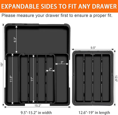 Silverware Organizer Expandable Utensil Drawer Organizer Adjustable Silverware Drawer Organizer, Flatware Cutlery Tray for Spoons Forks Knives Kitchen Organizers Storage,Black