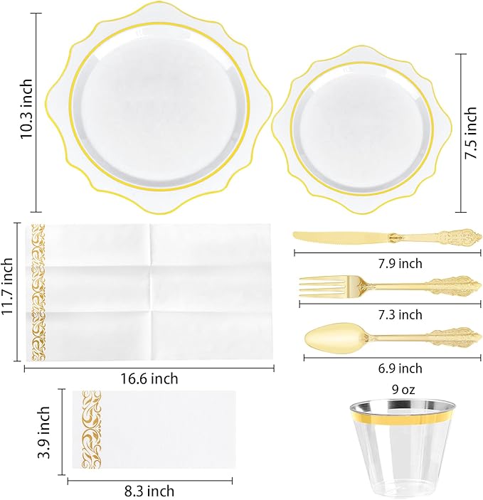 350 PCS White and Gold Plastic Plates, Gold Disposable Plates for 50 Guests, Includes 100 Disposable Plates, 50 Cups, 150 Silverwares, and 50 Napkins for Party, Graduation and Wedding
