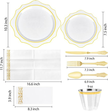 350 PCS White and Gold Plastic Plates, Gold Disposable Plates for 50 Guests, Includes 100 Disposable Plates, 50 Cups, 150 Silverwares, and 50 Napkins for Party, Graduation and Wedding