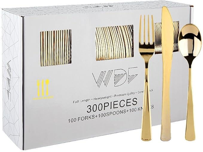WDF300 Pieces Gold Plastic Silverware - Heavy Duty Disposable Gold Cutlery Set Plastic Gold Silverware Set Plastic Includes 100 Forks, 100 Spoons, 100 Knives for Party