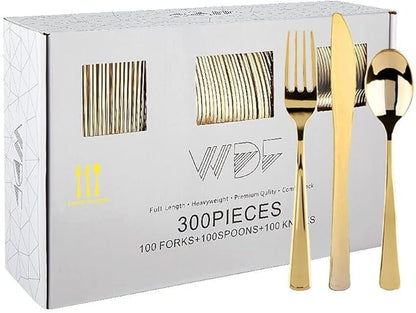 WDF300 Pieces Gold Plastic Silverware - Heavy Duty Disposable Gold Cutlery Set Plastic Gold Silverware Set Plastic Includes 100 Forks, 100 Spoons, 100 Knives for Party