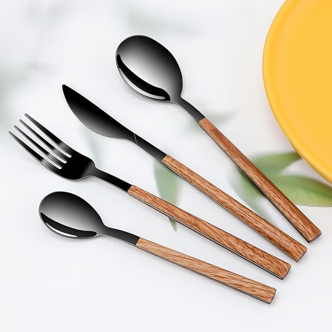 Stainless Steel Flatware Set for 4, Cutlery Utensils Set Include Knives/Forks/Spoons Service for 4, Mirror Polished and Dishwasher Safe (b lack)