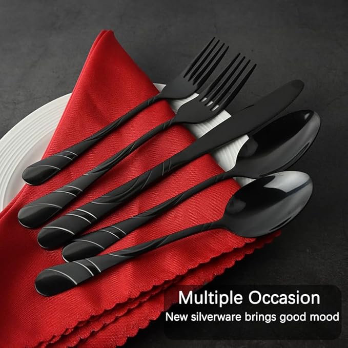 40-Piece Black Silverware Set for 8, 18/0 Frosted & Mirror Finish Stainless Steel Vintage Flatw            are Set, Modern Cutlery Set for Home Wedding Restaurant Housewarming Party Event Serving For 8