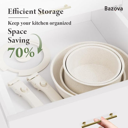 Ceramic Nonstick Cookware Set, Healthy,Non Toxic,17-Pieces Pots and Pans Set Removable Handles,Induction RV Kitchen Set,Stain & Scratch-resistant,Dishwasher/Oven Safe,PFAS/PFOA Free,Cream White