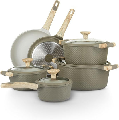 10Pcs Cookware set, Die-cast Aluminum pots and pans, Nonstick frying pans and casseroles, Induction safe, PFOA-free (Green and Cream, 10 pcs)