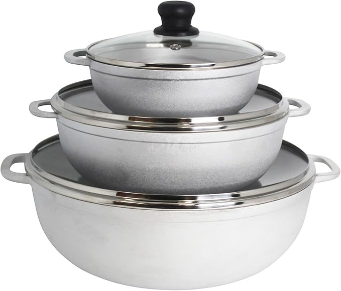 IMUSA Caldero Stock Pot with Glass Lid 3pc Set, 1.5/3.5/7 QT, Cast Aluminum, Perfect for Serving Large & Small Groups, Riveted Handles, Made in Colombia, Silver