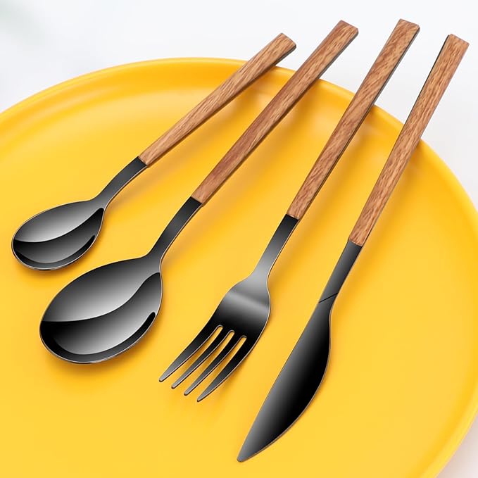 Stainless Steel Flatware Set for 4, Cutlery Utensils Set Include Knives/Forks/Spoons Service for 4, Mirror Polished and Dishwasher Safe (b lack)