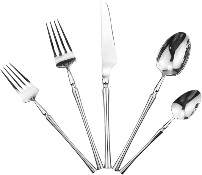 Silver Silverware Set, 5-Piece 18/10 Stainless Steel Flatware Cutlery Set for 1,Mirror Finish, Ideal for Wedding Festival Party Home Kitchen, Dishwasher Safe