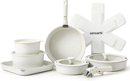 SENSARTE 17 Piece Pots and Pans Set, Nonstick Detachable Handle Cookware Set, Induction     Kitchen Cookware Set with Removable Handle, Healthy Non Stick for RV, Dishwasher ＆ Oven Safe, PFOA Free (White)