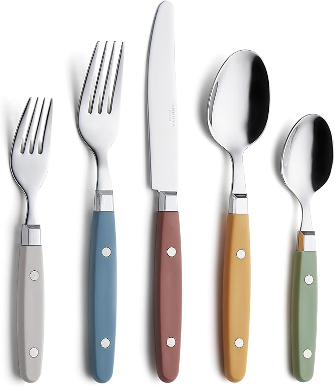 ANNOVA Silverware Set Stainless Steel Cutlery Color Handle With Rivet/Retro Flatware (Morandi Mix, 20 Pieces)