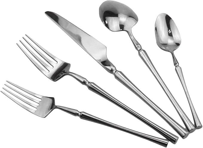 Silver Silverware Set, 5-Piece 18/10 Stainless Steel Flatware Cutlery Set for 1,Mirror Finish, Ideal for Wedding Festival Party Home Kitchen, Dishwasher Safe