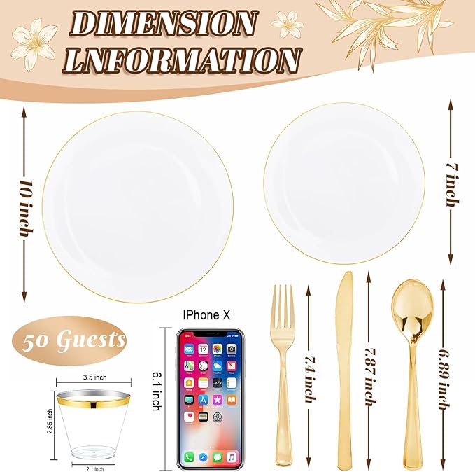 WDF 300PCS Gold Plastic Plates - White and Gold Plastic Dinnerware Set for 50 Guests Include 50 Dinner & 50 Cake Plates, 50 Disposable Silverware, 50 Cups for Wedding, Birthday, Party
