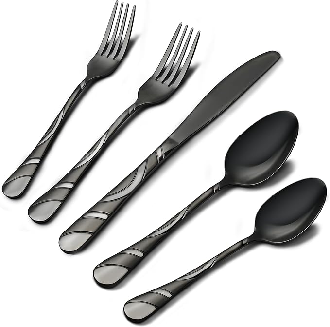 40-Piece Black Silverware Set for 8, 18/0 Frosted & Mirror Finish Stainless Steel Vintage Flatw            are Set, Modern Cutlery Set for Home Wedding Restaurant Housewarming Party Event Serving For 8