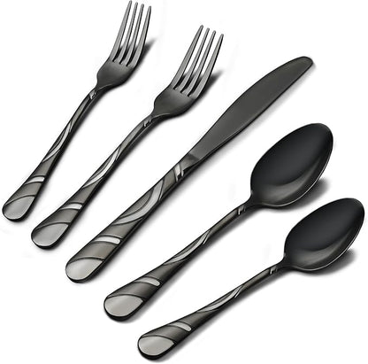 40-Piece Black Silverware Set for 8, 18/0 Frosted & Mirror Finish Stainless Steel Vintage Flatw            are Set, Modern Cutlery Set for Home Wedding Restaurant Housewarming Party Event Serving For 8