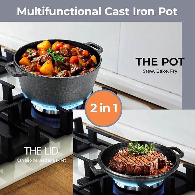 TLGREEN Cast Iron Dutch Oven Pot with Lid, Pot (5.1QT) and Lid as a Skillet(1.9QT) - Dutch Oven Cast Iron with Silicone Holders, Iron Stand, for Oven, Stove, Grill，Campfire