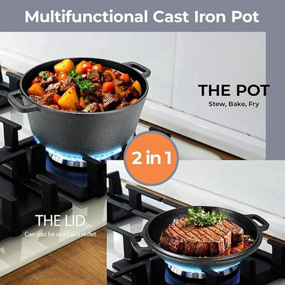 TLGREEN Cast Iron Dutch Oven Pot with Lid, Pot (5.1QT) and Lid as a Skillet(1.9QT) - Dutch Oven Cast Iron with Silicone Holders, Iron Stand, for Oven, Stove, Grill，Campfire