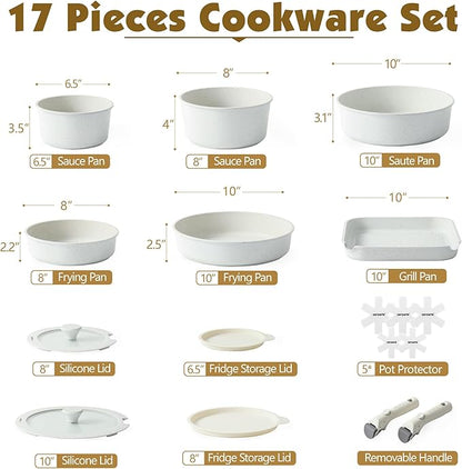 SENSARTE 17 Piece Pots and Pans Set, Nonstick Detachable Handle Cookware Set, Induction     Kitchen Cookware Set with Removable Handle, Healthy Non Stick for RV, Dishwasher ＆ Oven Safe, PFOA Free (White)