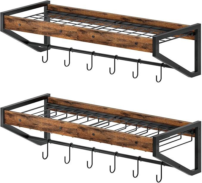 Wall-Mounted Pot Lid Racks Set of 2, with Pot Rack and Lid Organizer, Kitchen Cookware Organizer with 12 S-Shaped Hooks, for Pot, Pan and Lid Storage, Rustic Brown and Black TPR36BF