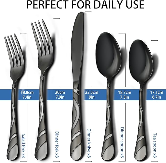 40-Piece Black Silverware Set for 8, 18/0 Frosted & Mirror Finish Stainless Steel Vintage Flatw            are Set, Modern Cutlery Set for Home Wedding Restaurant Housewarming Party Event Serving For 8
