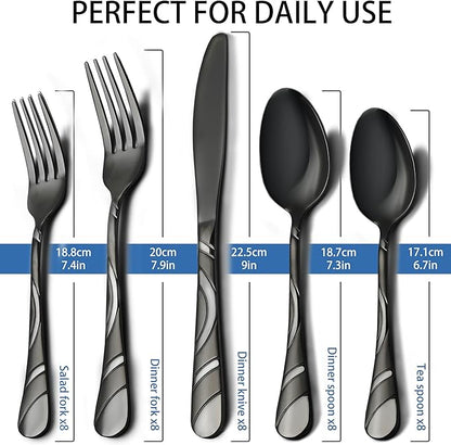 40-Piece Black Silverware Set for 8, 18/0 Frosted & Mirror Finish Stainless Steel Vintage Flatw            are Set, Modern Cutlery Set for Home Wedding Restaurant Housewarming Party Event Serving For 8