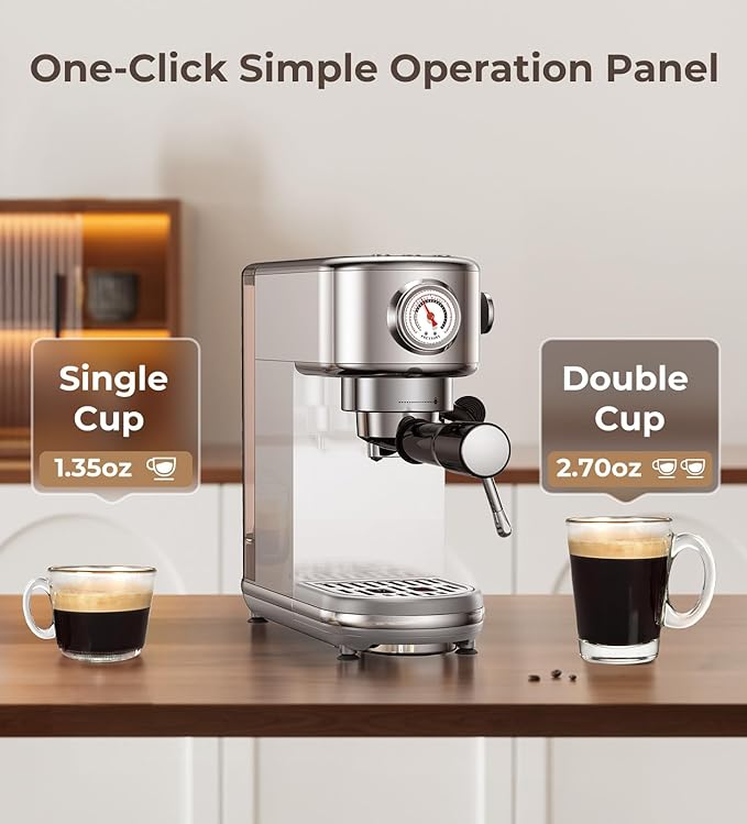 Espresso Machine with Milk Frother, 20 Bar High Pressure Professional Espresso Maker Automatic, Compact Stainless Steel Coffee Machine for Cappuccino, Latte, Gift for Coffee Lover, Silver