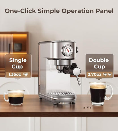 Espresso Machine with Milk Frother, 20 Bar High Pressure Professional Espresso Maker Automatic, Compact Stainless Steel Coffee Machine for Cappuccino, Latte, Gift for Coffee Lover, Silver