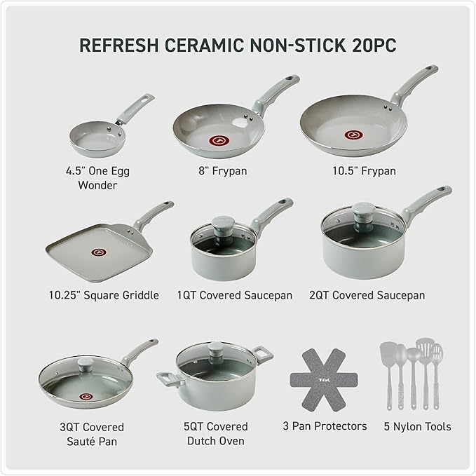 T-Fal Refresh Ceramic Nonstick Cookware Set, 20-Piece, Made without PFOA and PTFE, Oven and Broiler Safe up to 350°F, Includes Stockpot, Griddle, Frying Pans, and Utensils, Pots and Pans, Moon Grey