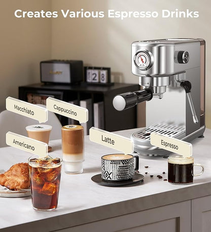Espresso Machine with Milk Frother, 20 Bar High Pressure Professional Espresso Maker Automatic, Compact Stainless Steel Coffee Machine for Cappuccino, Latte, Gift for Coffee Lover, Silver