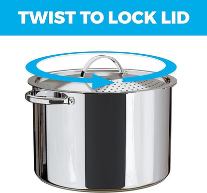 Stainless Steel Pasta Pot with Strainer Lid - 5.5 Quart Large Spaghetti Pot - Twist & Lock for Easy Drain & No Colander Or Strainer Basket Insert Needed - Dishwasher Safe Pots