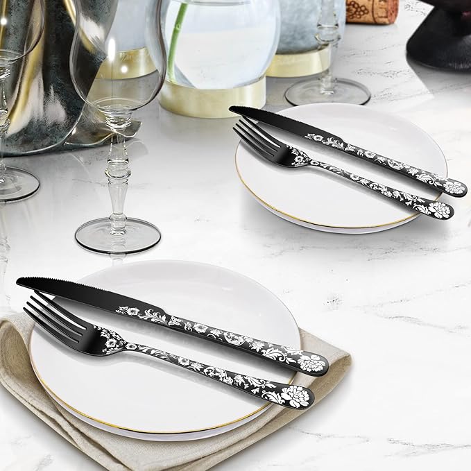 24-Piece Black Silverware Set with Steak Knife, Black Flatware Sets for 4, Stainless Steel Cutlery Set Includes Forks Knives Spoons,Unique Pattern Design，Mirror Polished and Dishwasher Safe