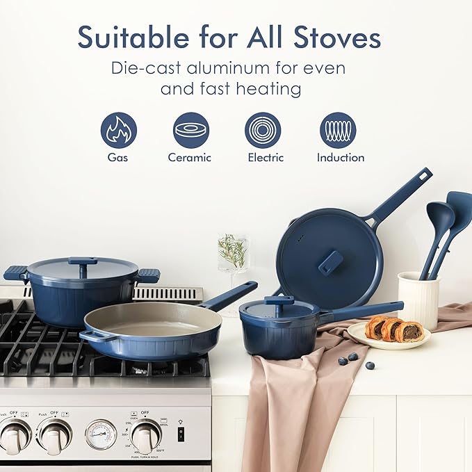 SENSARTE Ceramic Cookware Set Non-toxic 14 Pcs, Nonstick Pots and Pans Set, Dishwasher Safe Induction Cookware, Healthy Kitchen Cooking Set w/Die-cast Lids, PFOA/PFAS/PTFE