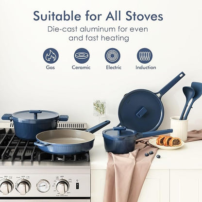SENSARTE Ceramic Cookware Set Non-toxic 14 Pcs, Nonstick Pots and Pans Set, Dishwasher Safe Induction Cookware, Healthy Kitchen Cooking Set w/Die-cast Lids, PFOA/PFAS/PTFE