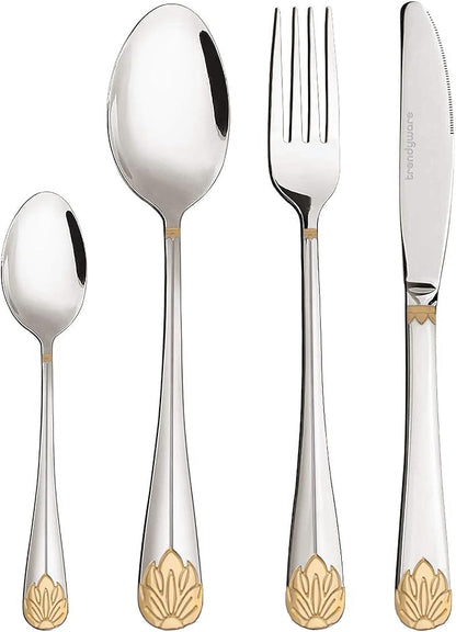 Silverware Set Limited Edition – 24 Piece Dinnerware Set – Flatware Set for 6 – Silver Tableware Set w/Gold Accents – Great for Family Gatherings & Daily Use – Spoons, Knives, Teaspoons, Forks