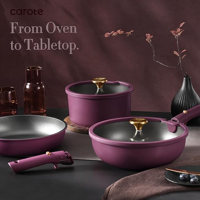 CAROTE 19pcs Pots and Pans Set, Nonstick Cookware Set Detachable Handle, Induction Kitchen Cookware Sets Non Stick with Removable Handle, RV Cookware Set, Gold and Purple