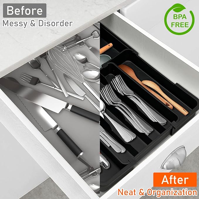 Silverware Organizer Expandable Utensil Drawer Organizer Adjustable Silverware Drawer Organizer, Flatware Cutlery Tray for Spoons Forks Knives Kitchen Organizers Storage,Black