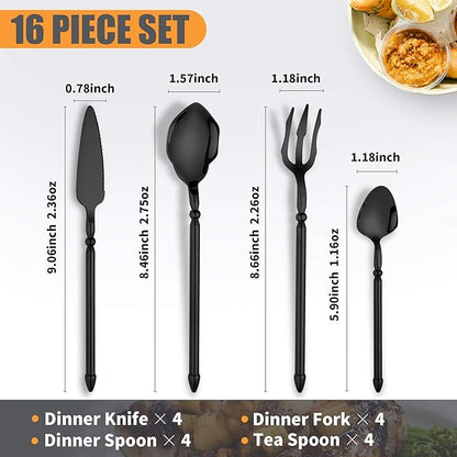 Black Unique Silverware Set,16-Piece Stainless Steel Cutlery Set for 4,Craft Flatware Set with Double-edged Knife,Mirror Polished,Dishwasher Safe