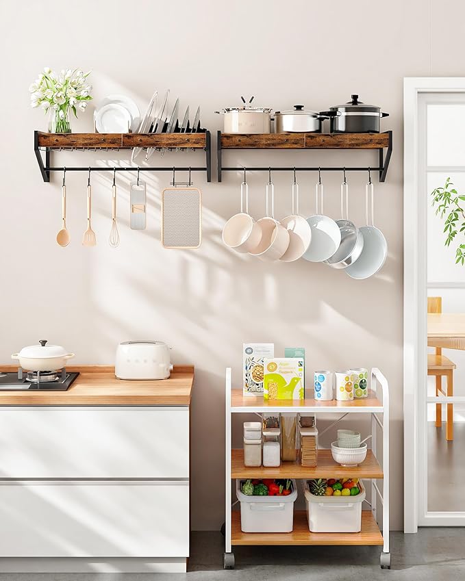 Wall-Mounted Pot Lid Racks Set of 2, with Pot Rack and Lid Organizer, Kitchen Cookware Organizer with 12 S-Shaped Hooks, for Pot, Pan and Lid Storage, Rustic Brown and Black TPR36BF
