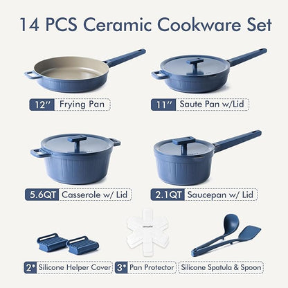 SENSARTE Ceramic Cookware Set Non-toxic 14 Pcs, Nonstick Pots and Pans Set, Dishwasher Safe Induction Cookware, Healthy Kitchen Cooking Set w/Die-cast Lids, PFOA/PFAS/PTFE