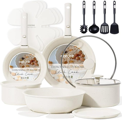 CAROTE 19pcs Pots and Pans Set Non Stick, Cookware Sets, Kitchen Set, Oven/Fridge Safe, Space Saving Pots Set, Nonstick Cooking Set with Versatile Detachable Handle, Induction RV Set, Cream White