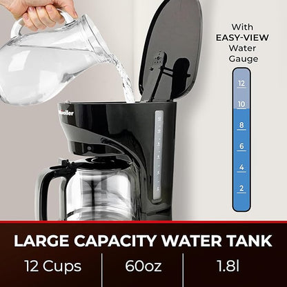 Mueller 12-Cup Drip Coffee Maker - Borosilicate Carafe, Auto-Off, Reusable Filter, Anti-Drip, Keep-Warm Function, Clear Water Level Window Coffee Machine, Kitchen Essentials & Accessories