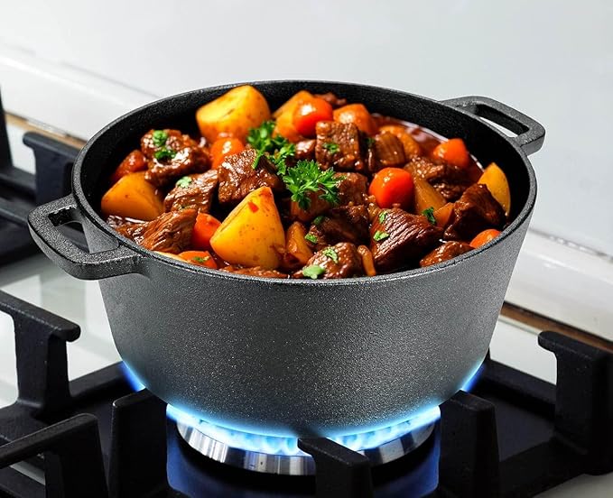 TLGREEN Cast Iron Dutch Oven Pot with Lid, Pot (5.1QT) and Lid as a Skillet(1.9QT) - Dutch Oven Cast Iron with Silicone Holders, Iron Stand, for Oven, Stove, Grill，Campfire