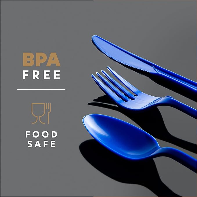 PLASTICPRO 400 Pack Disposable Chanuka Plastic Utensils Assorted Colored Cutlery Combo Set Forks Spoons Knives Silverware, Blue Plastic Cutlery for Parties