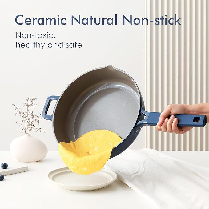 SENSARTE Ceramic Cookware Set Non-toxic 14 Pcs, Nonstick Pots and Pans Set, Dishwasher Safe Induction Cookware, Healthy Kitchen Cooking Set w/Die-cast Lids, PFOA/PFAS/PTFE