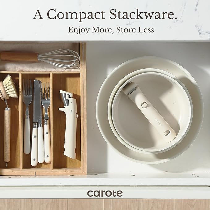 CAROTE 19pcs Pots and Pans Set Non Stick, Cookware Sets, Kitchen Set, Oven/Fridge Safe, Space Saving Pots Set, Nonstick Cooking Set with Versatile Detachable Handle, Induction RV Set, Cream White