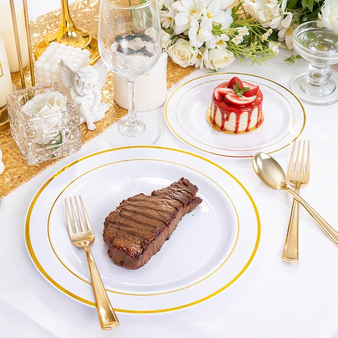 WDF300 Pieces Gold Plastic Silverware - Heavy Duty Disposable Gold Cutlery Set Plastic Gold Silverware Set Plastic Includes 100 Forks, 100 Spoons, 100 Knives for Party