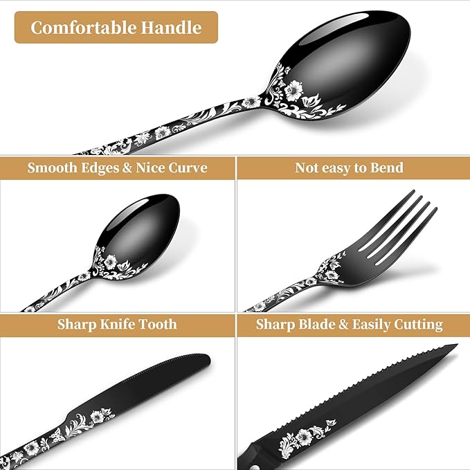 24-Piece Black Silverware Set with Steak Knife, Black Flatware Sets for 4, Stainless Steel Cutlery Set Includes Forks Knives Spoons,Unique Pattern Design，Mirror Polished and Dishwasher Safe